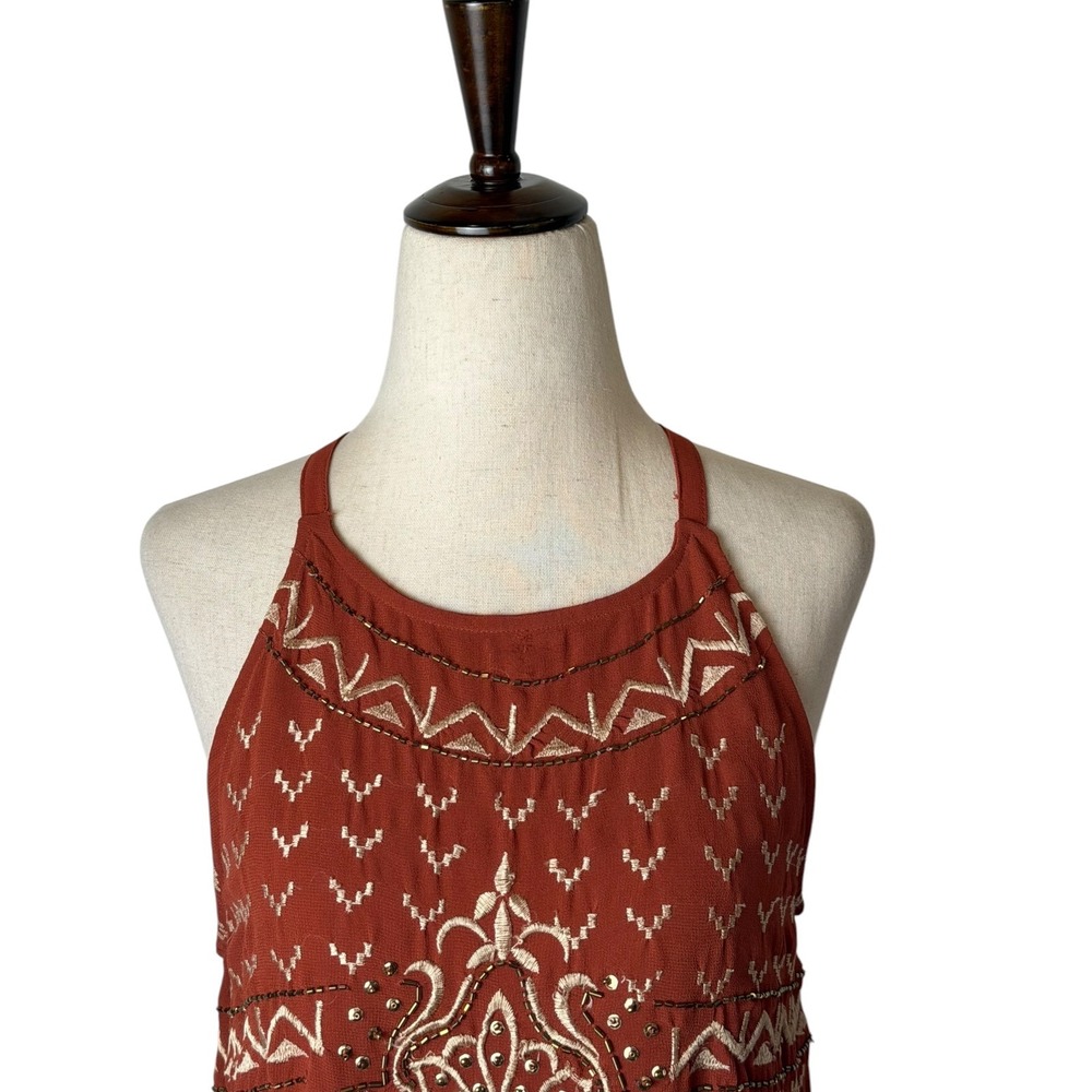 Forever 21 Dress Women Medium Orange Rust Beaded Embroidered Boho Halter Party - Picture 4 of 11